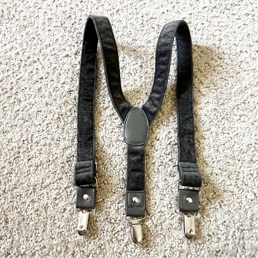 Boys Gray Suspenders Braces Velvet Feel Y-Back Preppy Wedding Silver Clip